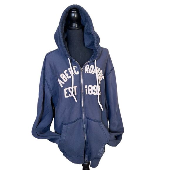 Abercrombie & Fitch Men's Navy Blue and White Distressed Full Zip Hoodie With Po - Picture 1 of 10